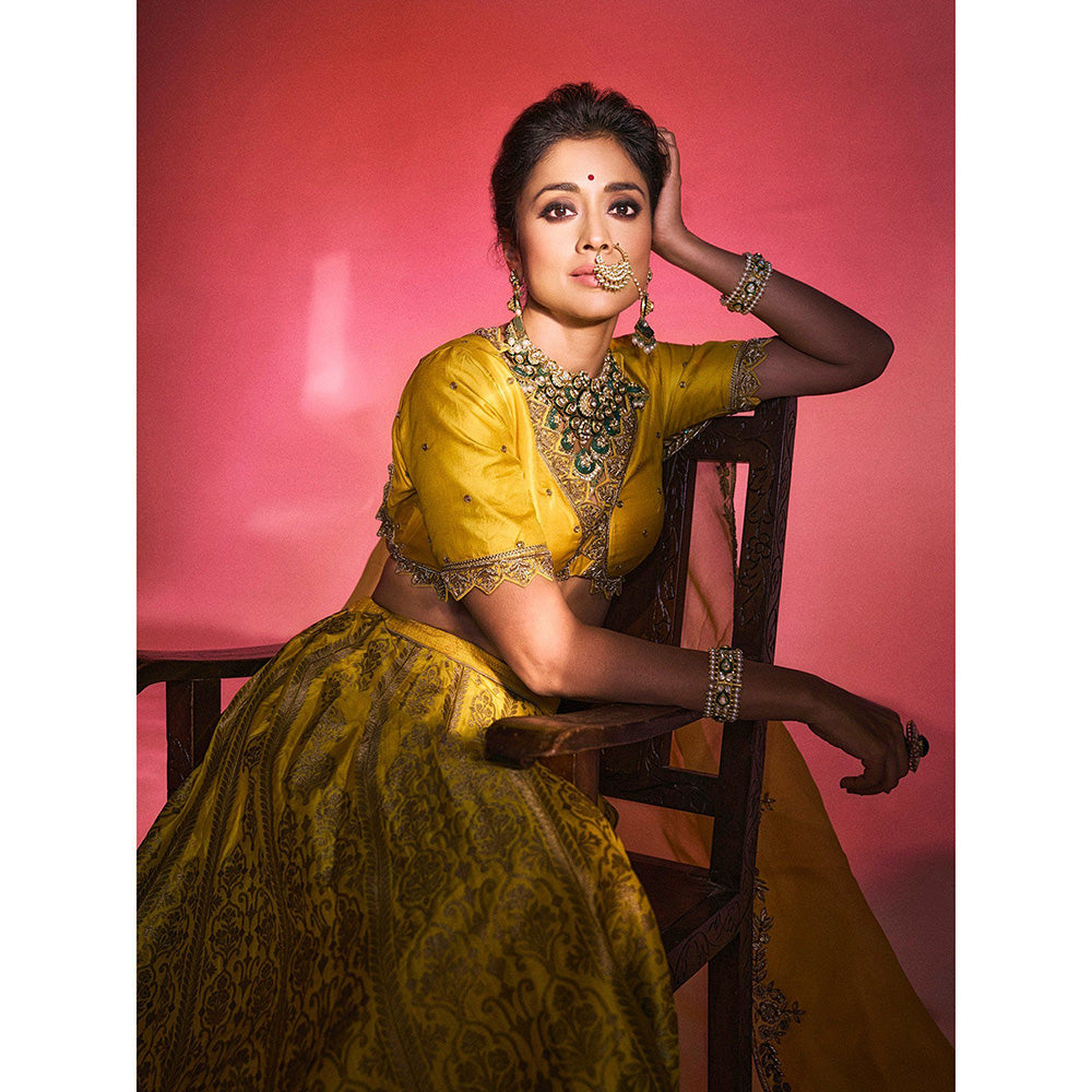 WeaverStory Yellow Pure Katan Silk Brocade Banarasi Lehenga with Choli and Dupatta (Set of 3)