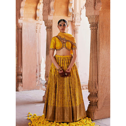 WeaverStory Yellow Pure Katan Silk Brocade Banarasi Lehenga with Choli and Dupatta (Set of 3)
