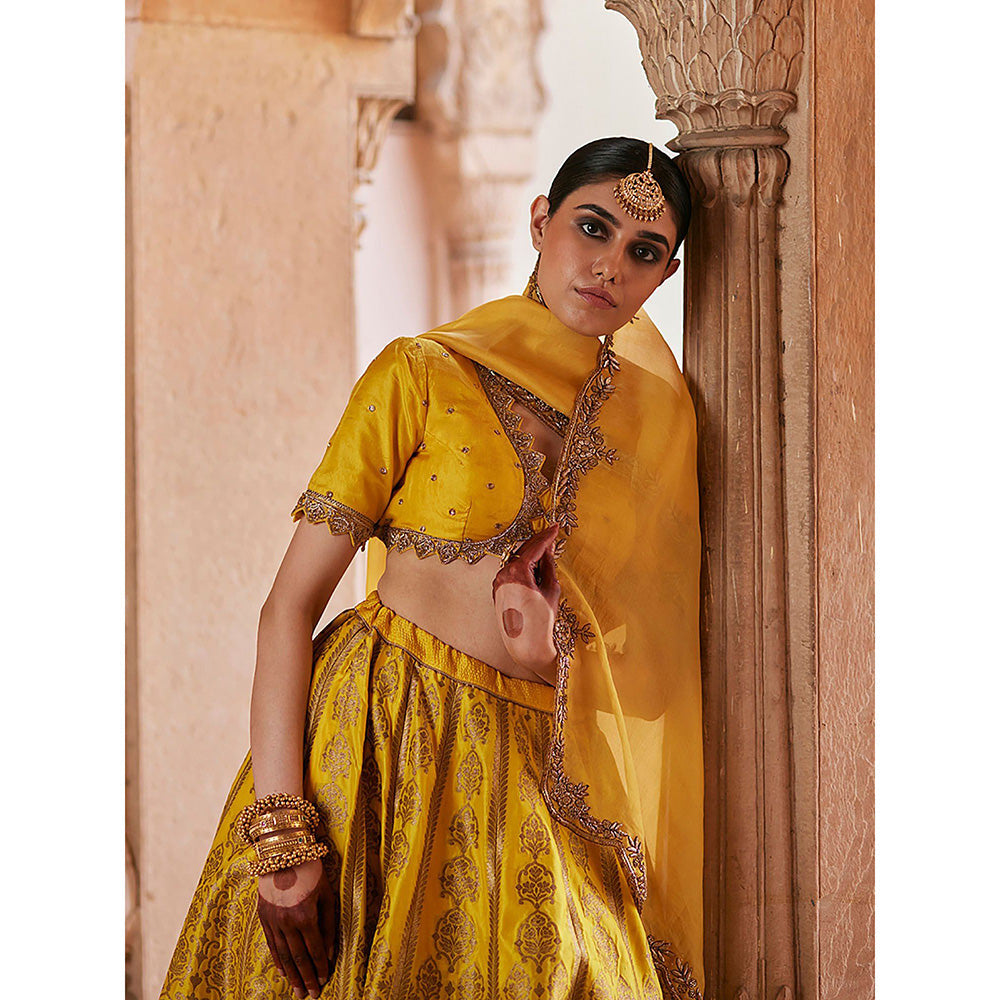 WeaverStory Yellow Pure Katan Silk Brocade Banarasi Lehenga with Choli and Dupatta (Set of 3)