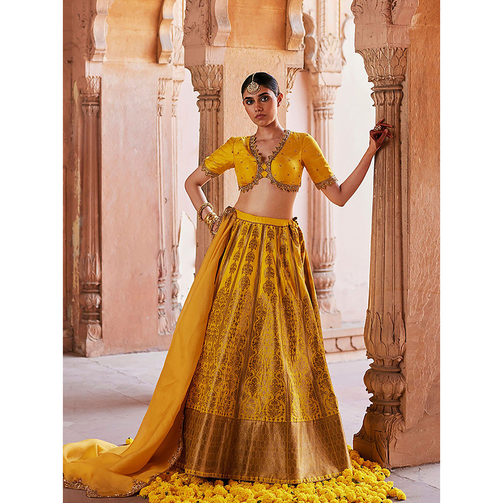 WeaverStory Yellow Pure Katan Silk Brocade Banarasi Lehenga with Choli and Dupatta (Set of 3)