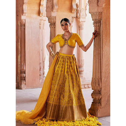 WeaverStory Yellow Pure Katan Silk Brocade Banarasi Lehenga with Choli and Dupatta (Set of 3)