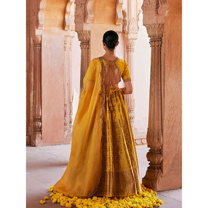 WeaverStory Yellow Pure Katan Silk Brocade Banarasi Lehenga with Choli and Dupatta (Set of 3)