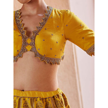 WeaverStory Yellow Pure Katan Silk Brocade Banarasi Lehenga with Choli and Dupatta (Set of 3)