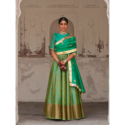 WeaverStory Green Pure Katan Silk Brocade Banarasi Lehenga with Choli and Dupatta (Set of 3)