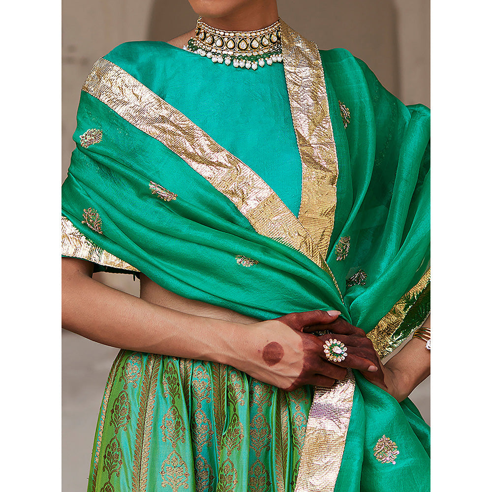 WeaverStory Green Pure Katan Silk Brocade Banarasi Lehenga with Choli and Dupatta (Set of 3)