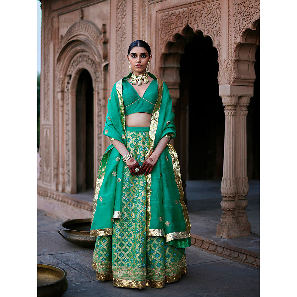 WeaverStory Green Georgette Banarasi Bandhej Lehenga Skirt with Choli and Dupatta (Set of 3)