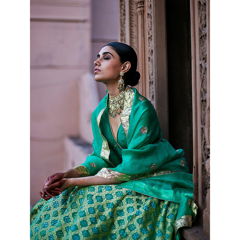 WeaverStory Green Georgette Banarasi Bandhej Lehenga Skirt with Choli and Dupatta (Set of 3)