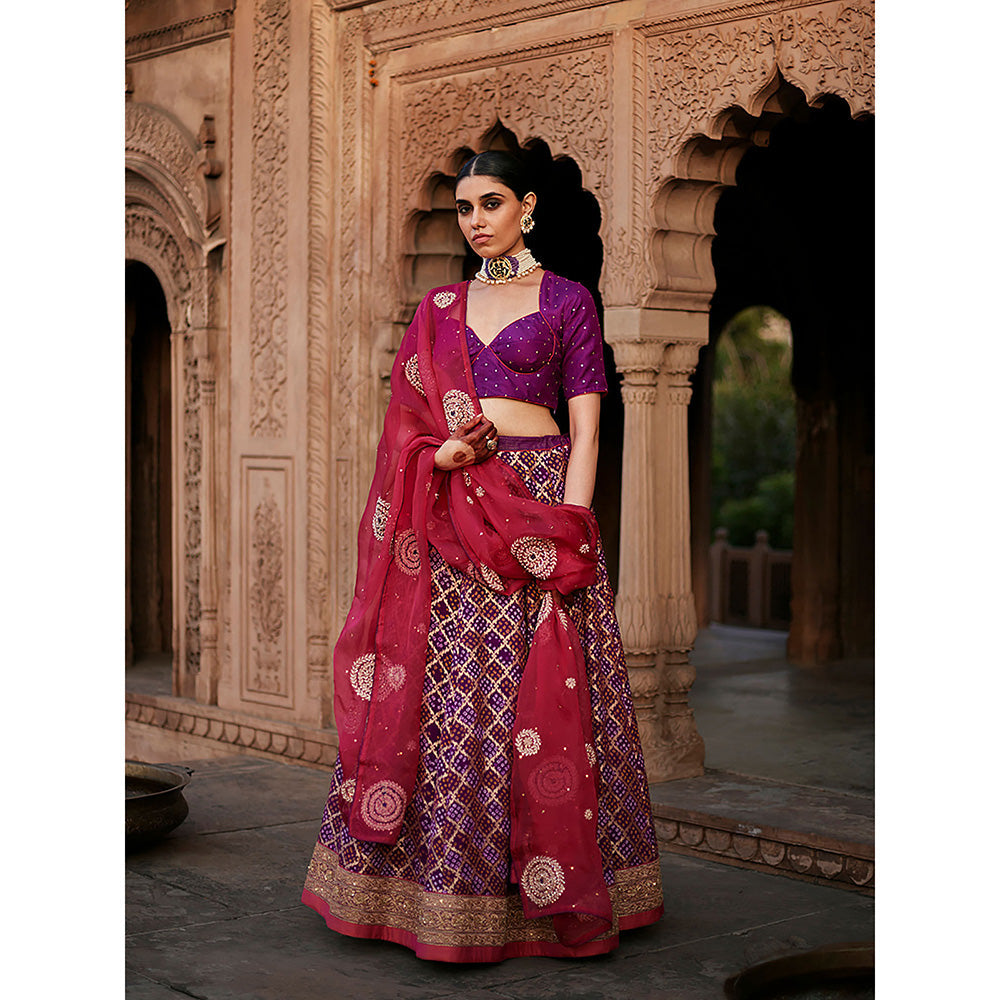 WeaverStory Purple Georgette Banarasi Bandhej Lehenga Skirt with Choli and Dupatta (Set of 3)