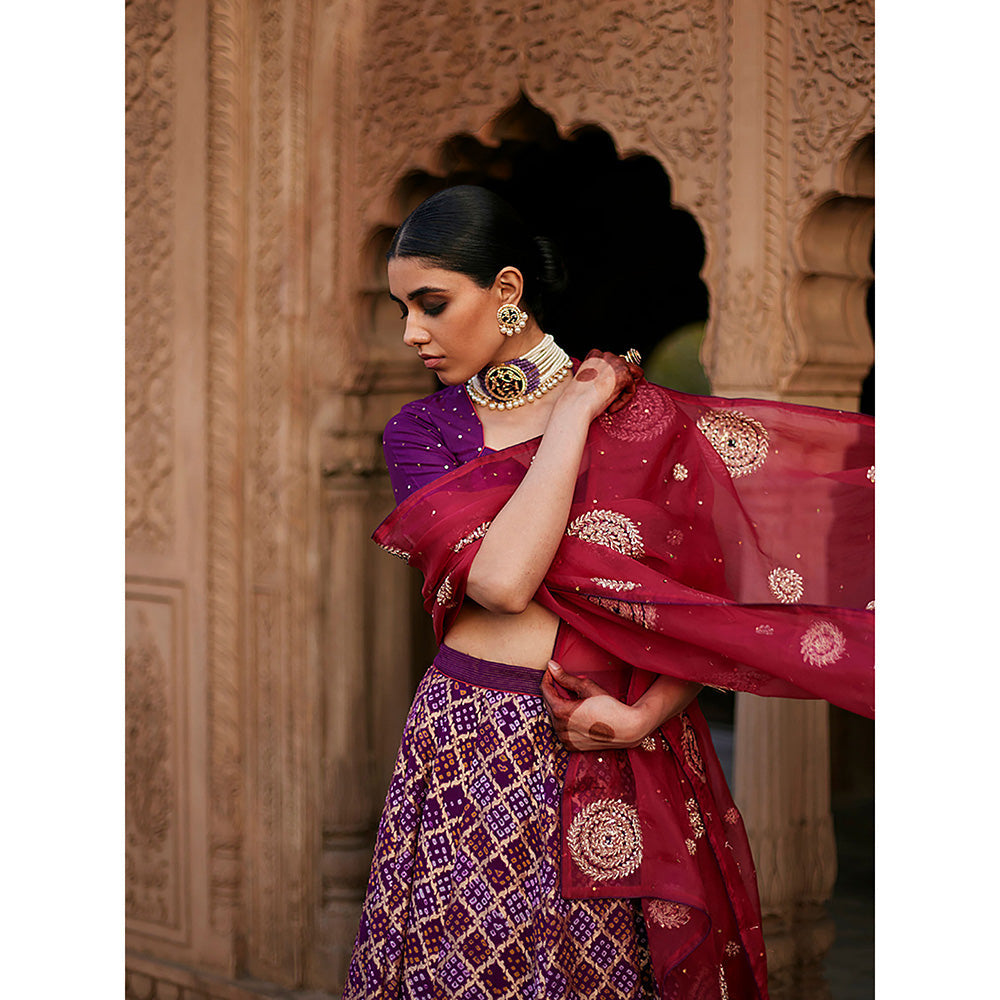 WeaverStory Purple Georgette Banarasi Bandhej Lehenga Skirt with Choli and Dupatta (Set of 3)