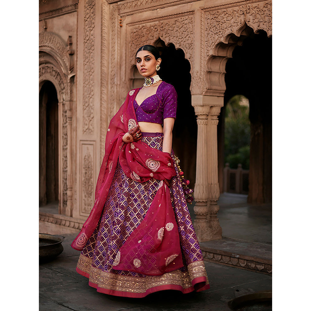 WeaverStory Purple Georgette Banarasi Bandhej Lehenga Skirt with Choli and Dupatta (Set of 3)