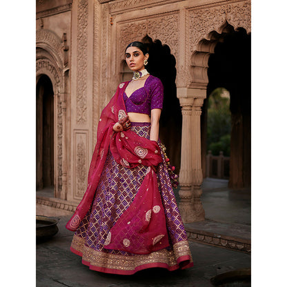 WeaverStory Purple Georgette Banarasi Bandhej Lehenga Skirt with Choli and Dupatta (Set of 3)