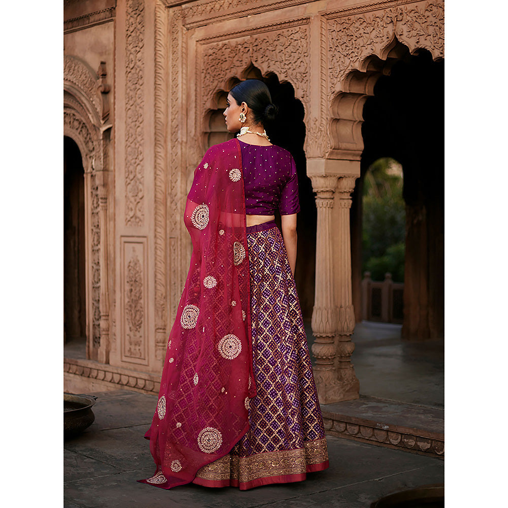WeaverStory Purple Georgette Banarasi Bandhej Lehenga Skirt with Choli and Dupatta (Set of 3)