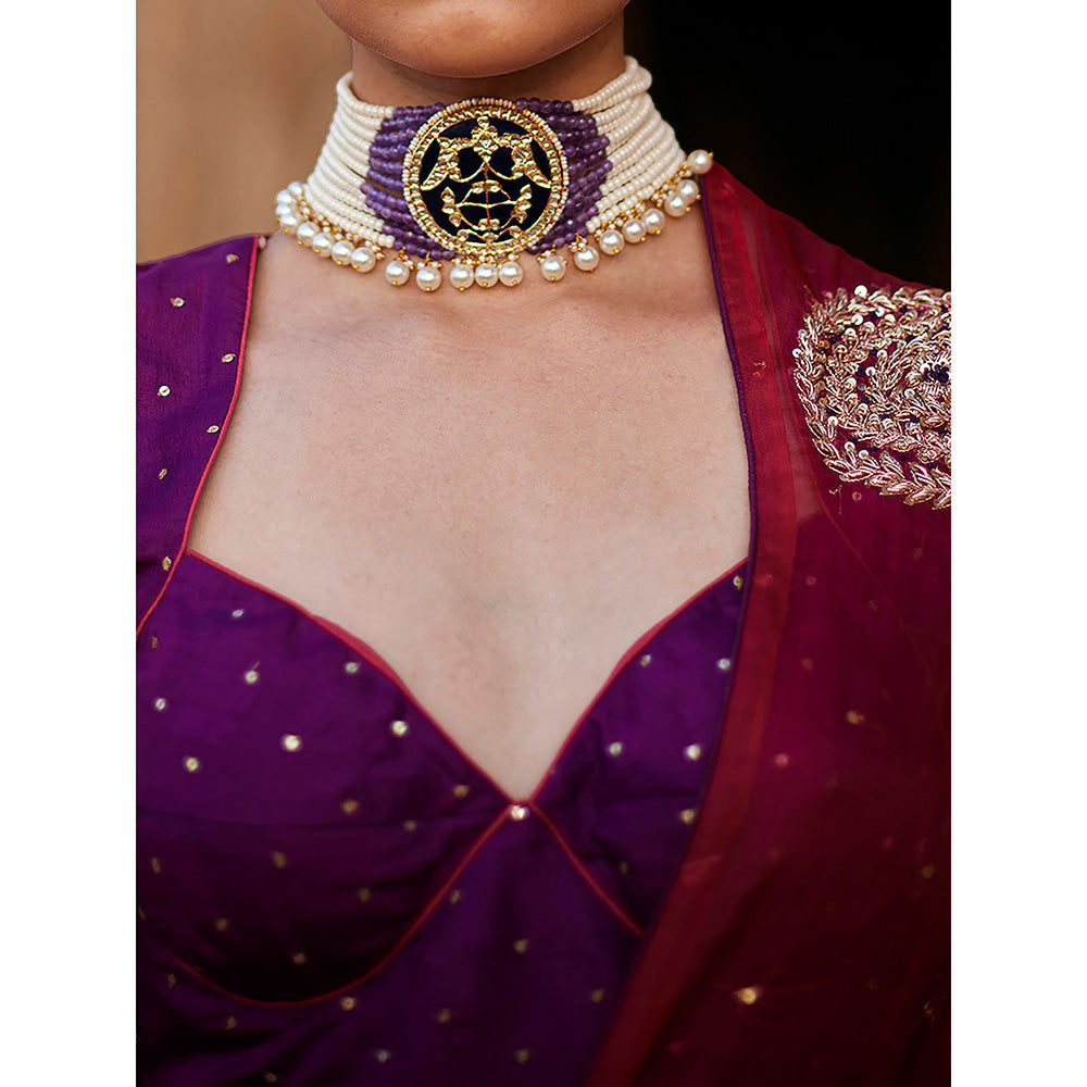 WeaverStory Purple Georgette Banarasi Bandhej Lehenga Skirt with Choli and Dupatta (Set of 3)