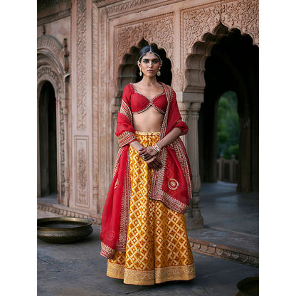 WeaverStory Yellow Banarasi Lehenga with Red Choli and Dupatta and Yellow Belt (Set of 3)