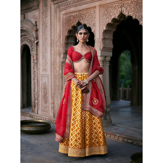WeaverStory Yellow Banarasi Lehenga with Red Choli and Dupatta and Yellow Belt (Set of 3)