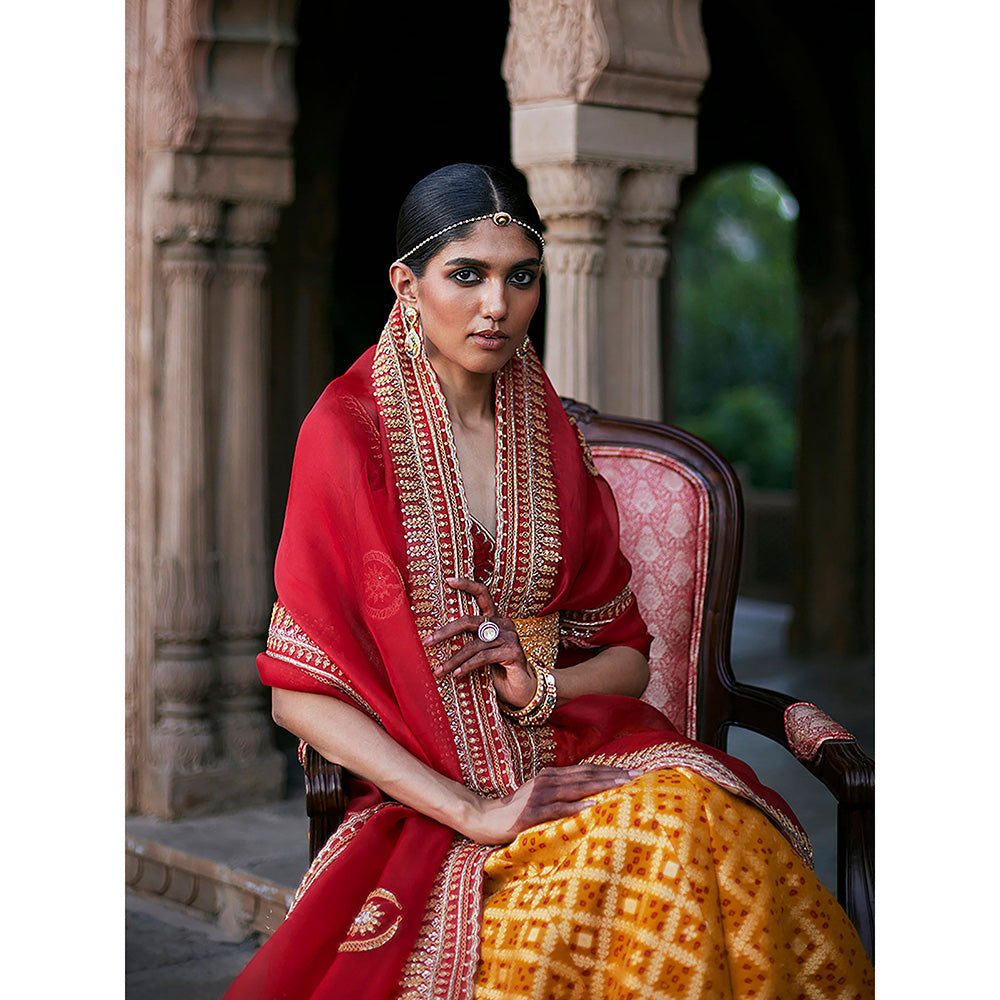 WeaverStory Yellow Banarasi Lehenga with Red Choli and Dupatta and Yellow Belt (Set of 3)