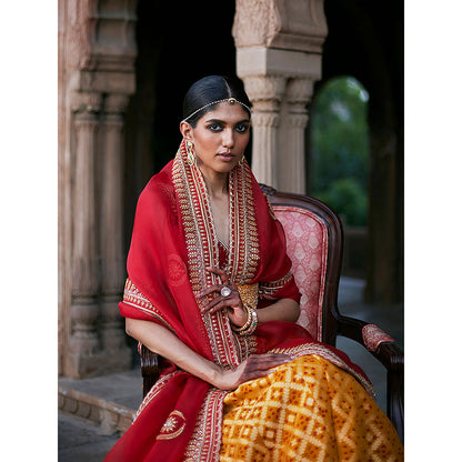 WeaverStory Yellow Banarasi Lehenga with Red Choli and Dupatta and Yellow Belt (Set of 3)