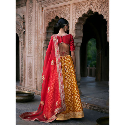 WeaverStory Yellow Banarasi Lehenga with Red Choli and Dupatta and Yellow Belt (Set of 3)