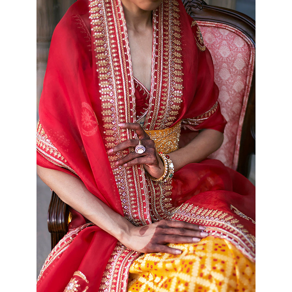 WeaverStory Yellow Banarasi Lehenga with Red Choli and Dupatta and Yellow Belt (Set of 3)