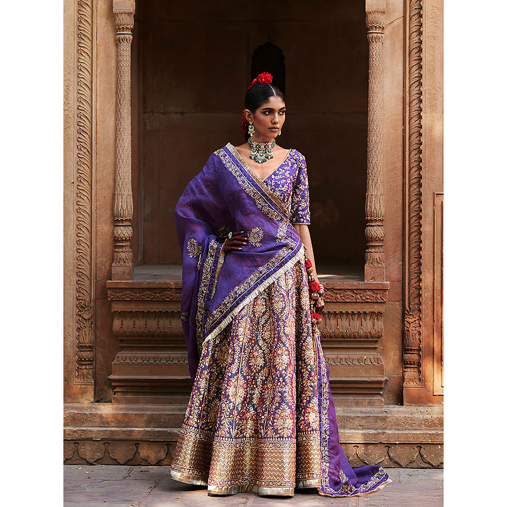 WeaverStory Blue Dual Shade Hand Zardozi Lehenga with Choli and Organza Dupatta (Set of 3)