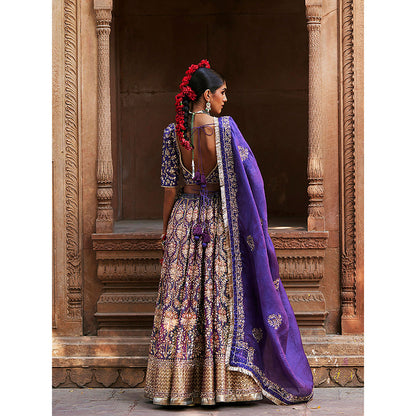 WeaverStory Blue Dual Shade Hand Zardozi Lehenga with Choli and Organza Dupatta (Set of 3)