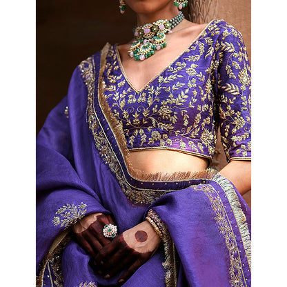 WeaverStory Blue Dual Shade Hand Zardozi Lehenga with Choli and Organza Dupatta (Set of 3)