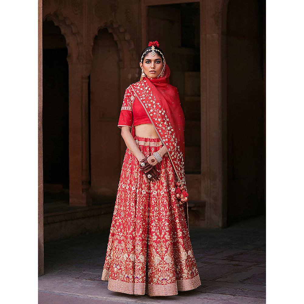WeaverStory Red Hand Zardozi Banarasi Lehenga with Raw Silk Choli and Dupatta (Set of 3)