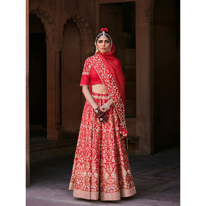WeaverStory Red Hand Zardozi Banarasi Lehenga with Raw Silk Choli and Dupatta (Set of 3)