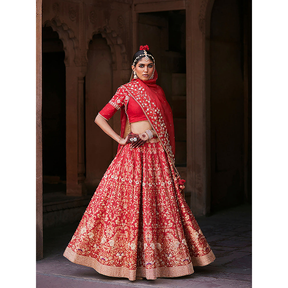 WeaverStory Red Hand Zardozi Banarasi Lehenga with Raw Silk Choli and Dupatta (Set of 3)