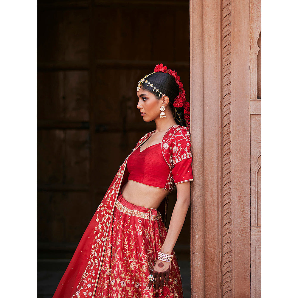 WeaverStory Red Hand Zardozi Banarasi Lehenga with Raw Silk Choli and Dupatta (Set of 3)