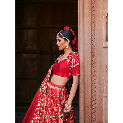 WeaverStory Red Hand Zardozi Banarasi Lehenga with Raw Silk Choli and Dupatta (Set of 3)