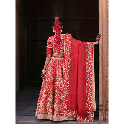 WeaverStory Red Hand Zardozi Banarasi Lehenga with Raw Silk Choli and Dupatta (Set of 3)