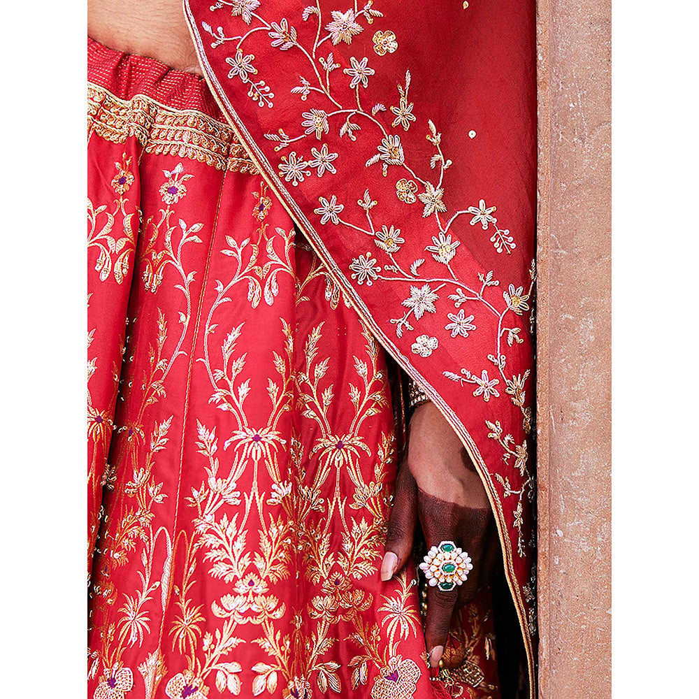 WeaverStory Red Hand Zardozi Banarasi Lehenga with Raw Silk Choli and Dupatta (Set of 3)