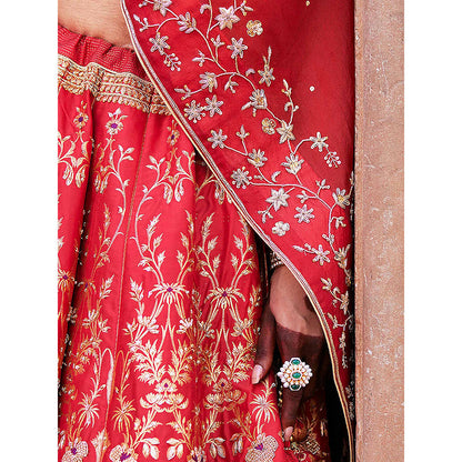 WeaverStory Red Hand Zardozi Banarasi Lehenga with Raw Silk Choli and Dupatta (Set of 3)