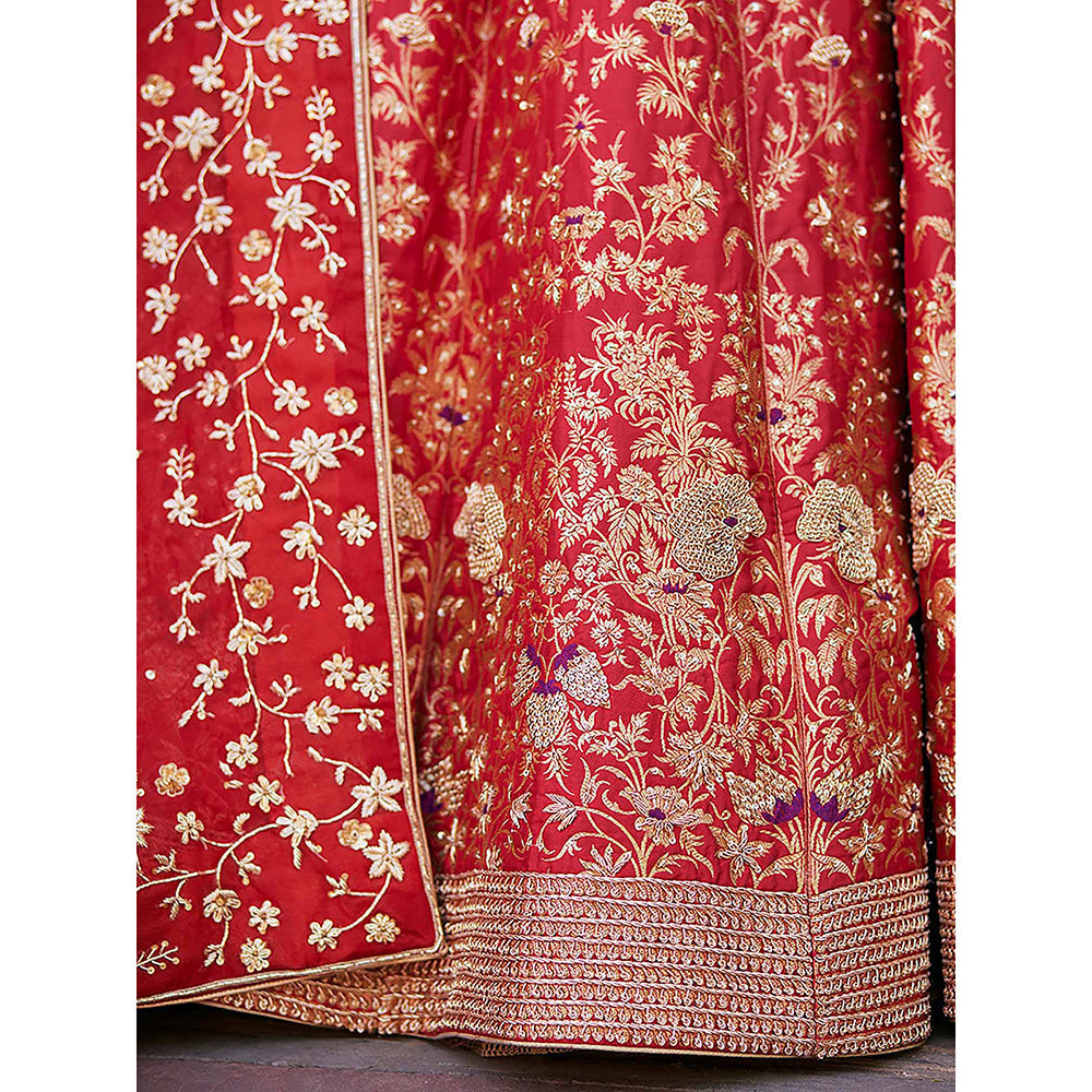 WeaverStory Red Hand Zardozi Banarasi Lehenga with Raw Silk Choli and Dupatta (Set of 3)