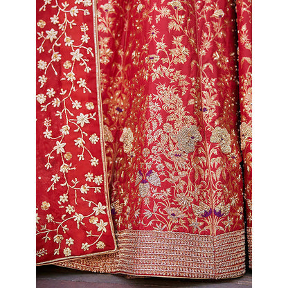 WeaverStory Red Hand Zardozi Banarasi Lehenga with Raw Silk Choli and Dupatta (Set of 3)