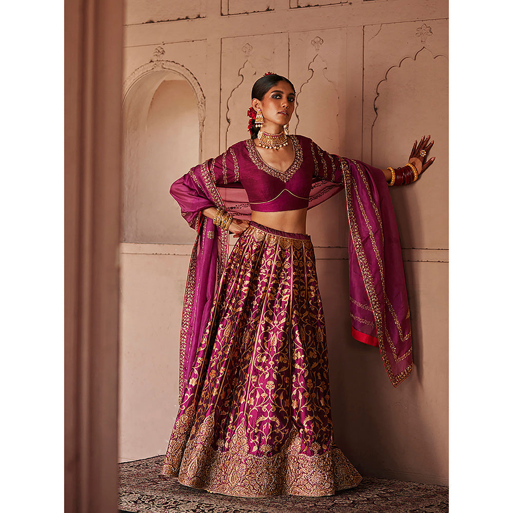 WeaverStory Mulled Wine Hand Zardozi Banarasi Lehenga with Choli and Dupatta (Set of 3)