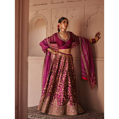 WeaverStory Mulled Wine Hand Zardozi Banarasi Lehenga with Choli and Dupatta (Set of 3)