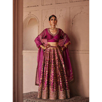 WeaverStory Mulled Wine Hand Zardozi Banarasi Lehenga with Choli and Dupatta (Set of 3)