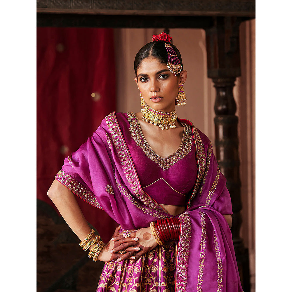 WeaverStory Mulled Wine Hand Zardozi Banarasi Lehenga with Choli and Dupatta (Set of 3)