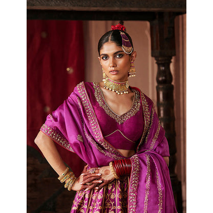 WeaverStory Mulled Wine Hand Zardozi Banarasi Lehenga with Choli and Dupatta (Set of 3)