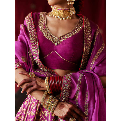 WeaverStory Mulled Wine Hand Zardozi Banarasi Lehenga with Choli and Dupatta (Set of 3)