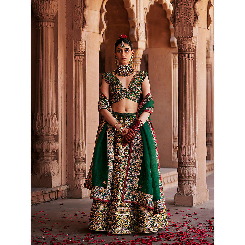 WeaverStory Deep Green Hand Zardozi Banarasi Lehenga with Choli and Dupatta (Set of 3)