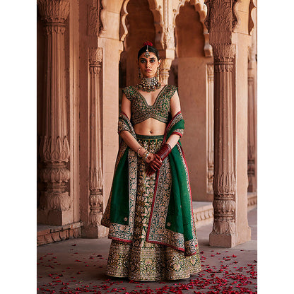 WeaverStory Deep Green Hand Zardozi Banarasi Lehenga with Choli and Dupatta (Set of 3)