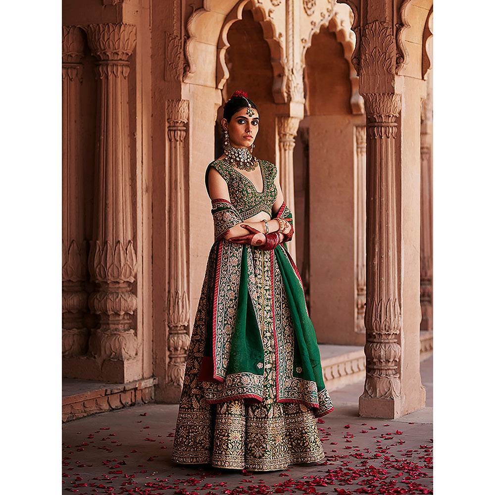 WeaverStory Deep Green Hand Zardozi Banarasi Lehenga with Choli and Dupatta (Set of 3)