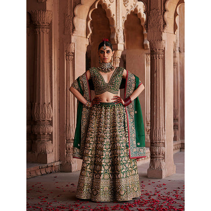 WeaverStory Deep Green Hand Zardozi Banarasi Lehenga with Choli and Dupatta (Set of 3)