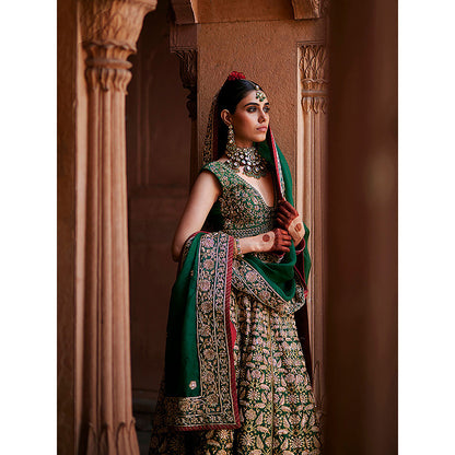 WeaverStory Deep Green Hand Zardozi Banarasi Lehenga with Choli and Dupatta (Set of 3)