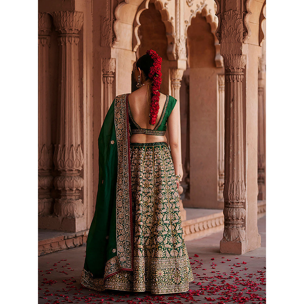 WeaverStory Deep Green Hand Zardozi Banarasi Lehenga with Choli and Dupatta (Set of 3)