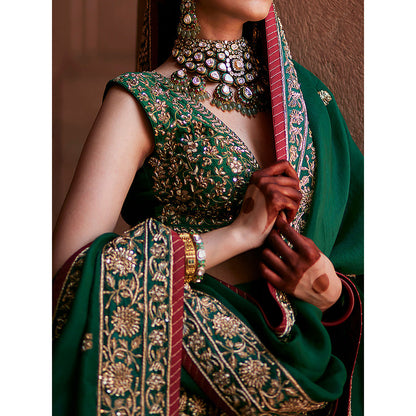 WeaverStory Deep Green Hand Zardozi Banarasi Lehenga with Choli and Dupatta (Set of 3)