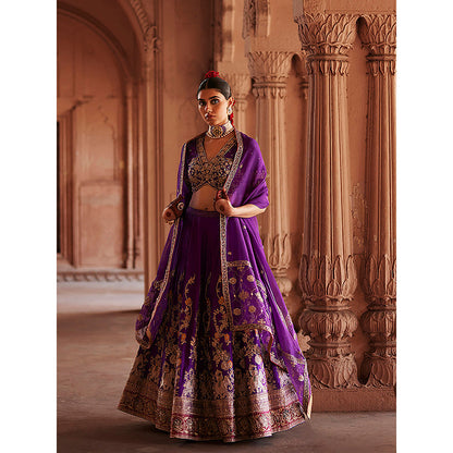 WeaverStory Deep Purple Hand Zardozi Lehenga with Choli Cut Choli and Dupatta (Set of 3)
